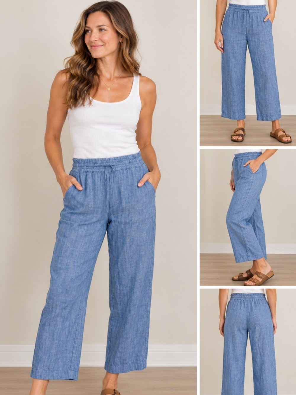 Talbots Blue Chambray Linen Cotton Drawstring Pants 8P Petite